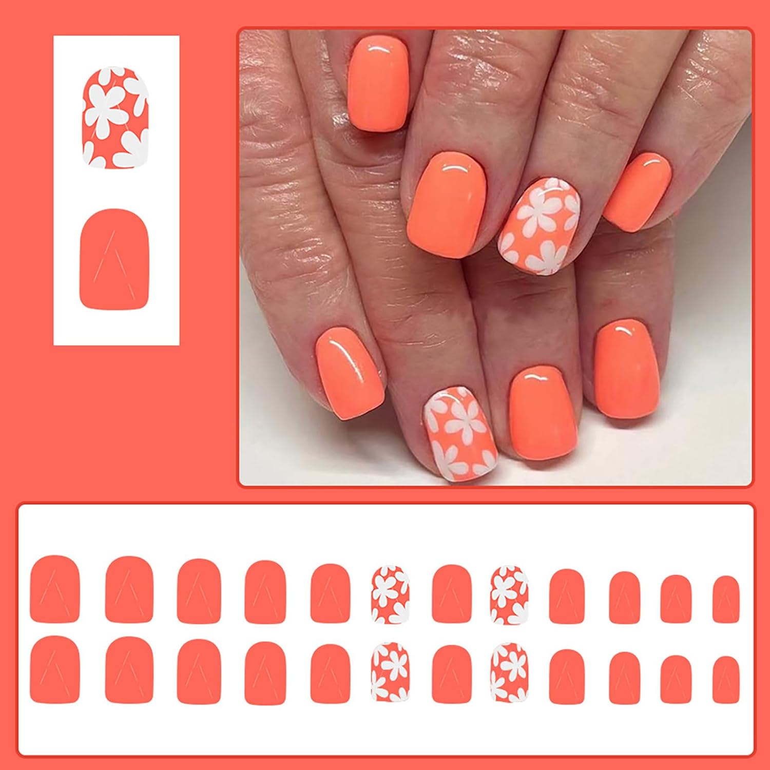 24Pcs Orange Press on Nails Spring Summer Fake Nails with White Flower Design Short Square Acrylic Nails Full Cover Glossy Acrylic Nails Reusable Stick on Nails for Women Spring Summer Nail Art - Image 6