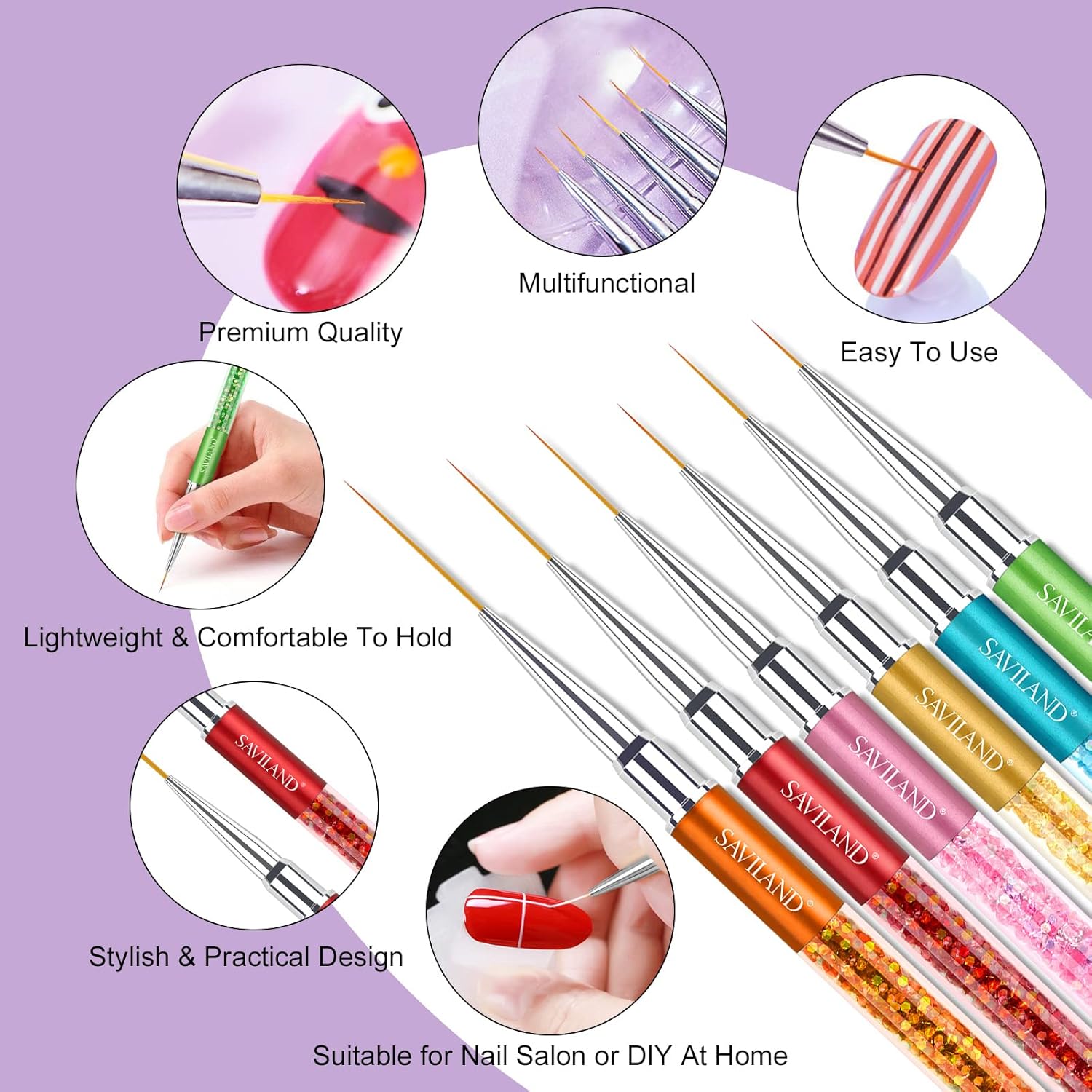 Saviland 6pcs Nail Art Liner Brushes Set: Nail Gel Polish Painting Nail Art Design Brush Pen Set with Crushed Diamond Rhinestones Handle for Pulling Lines, Sizes 7/9/11/13/17/23 mm, Christmas Gifts - Image 6