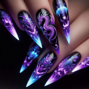 Chinese Dragon Press press on Nails Medium Almond Fake Nails With Dragon Pattern Designs Purple False Nails Full Cover Stick on Nails Acrylic Artificial Nails for Women Glue on Nails 24 Pcs