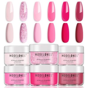 Modelones Pink Acrylic Powder 6 Colors Acrylic Nail Powder Kit Neon Glitter Summer Acrylic Nail Powder Valentine's Acrylic Cover Powder for Nail Art Extension No Nail Lamp Needed (A3-LoveStruck Blush)