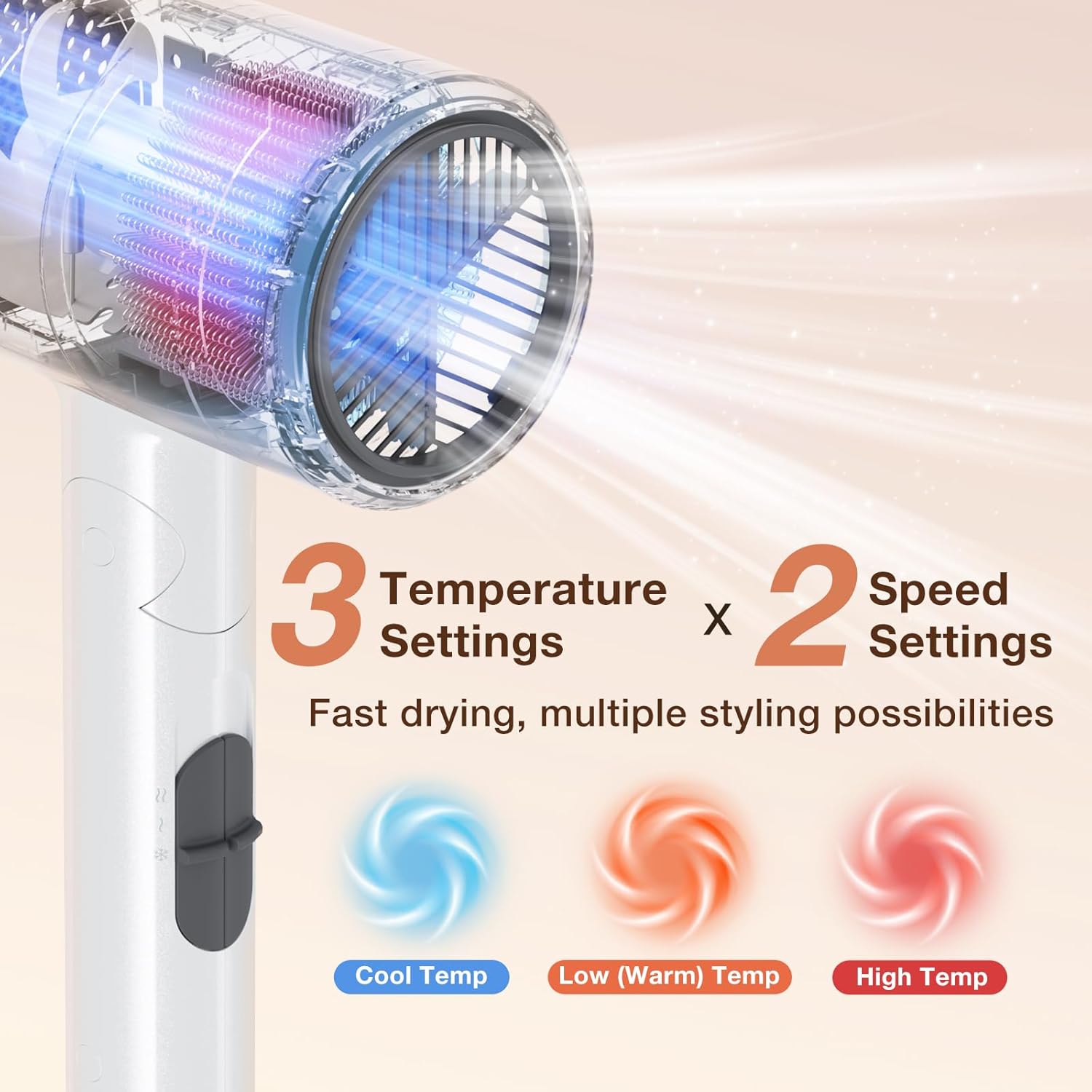 Blow Dryer with Diffuser, 1875W Fast-Drying, Foldable, Ionic Turbo Hair Dryer with Diffuser & Concentrator Nozzle, Compact, 3 Heat & 2 Speed Settings, 8FT Cord for Home Salon, White - Image 8