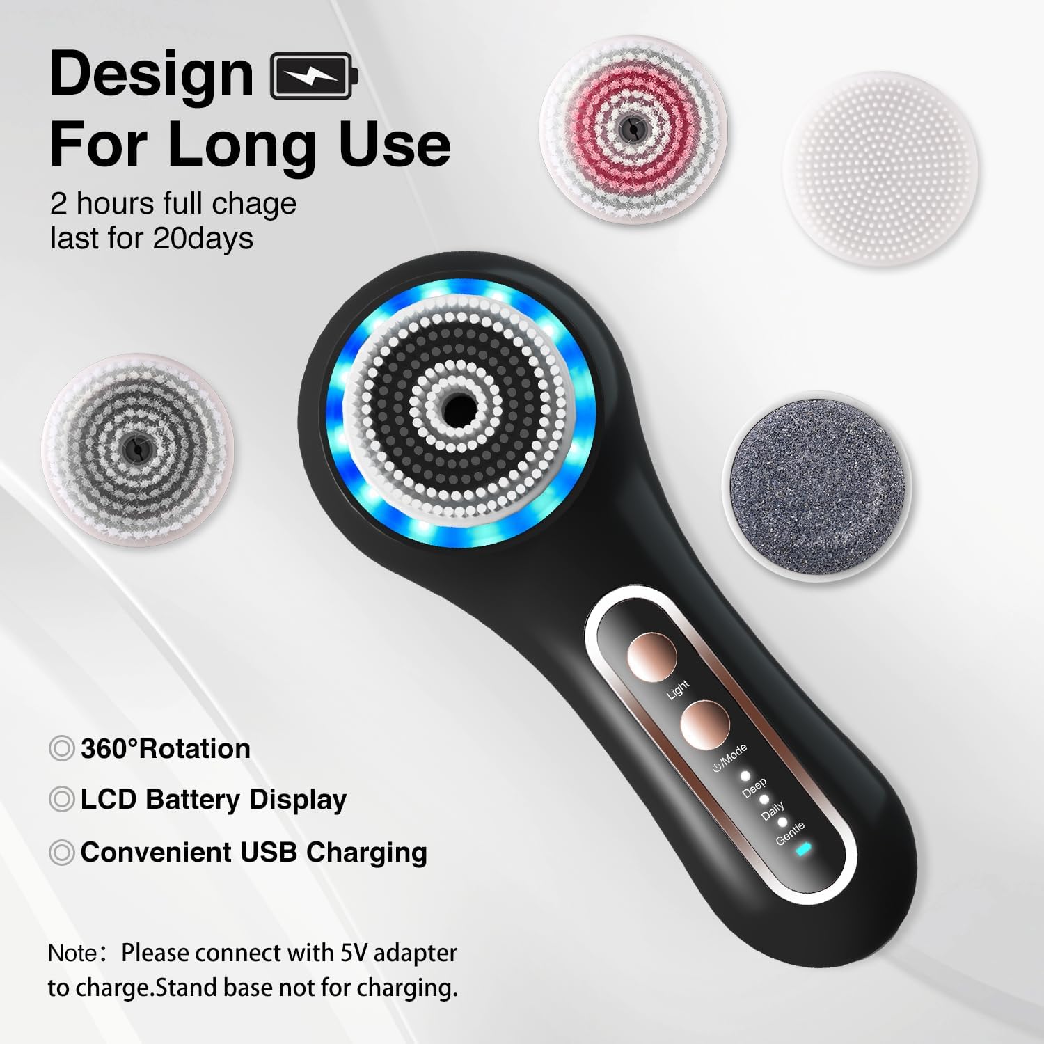 Waterproof Rechargeable Face Scrubber Exfoliator Kit with 5 Deep Cleansing Brush Heads - Image 8