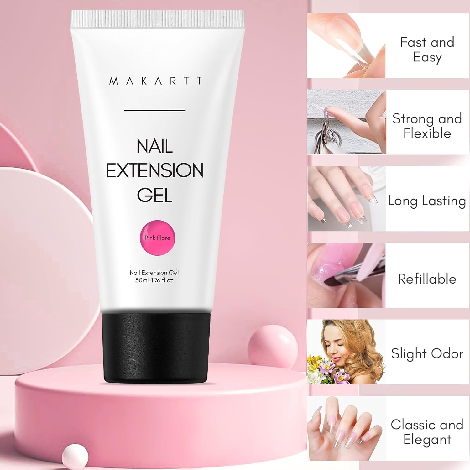 Makartt Poly Nail Gel-50ML Large Capacity-Dazzling Pink Color, Strong Builder for Extension Overlay Strengthener 3D Diy, Long-lasting for Nails French Manicures Home Salon-Pink Flare - Image 4