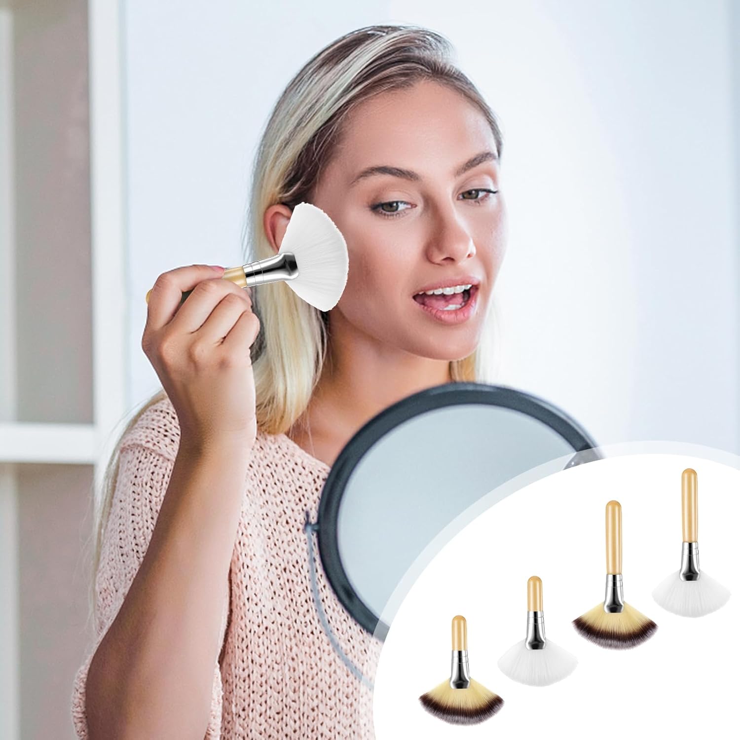 4 Pieces Facial Fan Brush Soft Synthetic Fibers Makeup Brush with Wooden Handle Blush Powder Cosmetic Applicator for Blending Face Highlighting Eyeshadow Buffing Portable Cosmetic Tool - Image 5