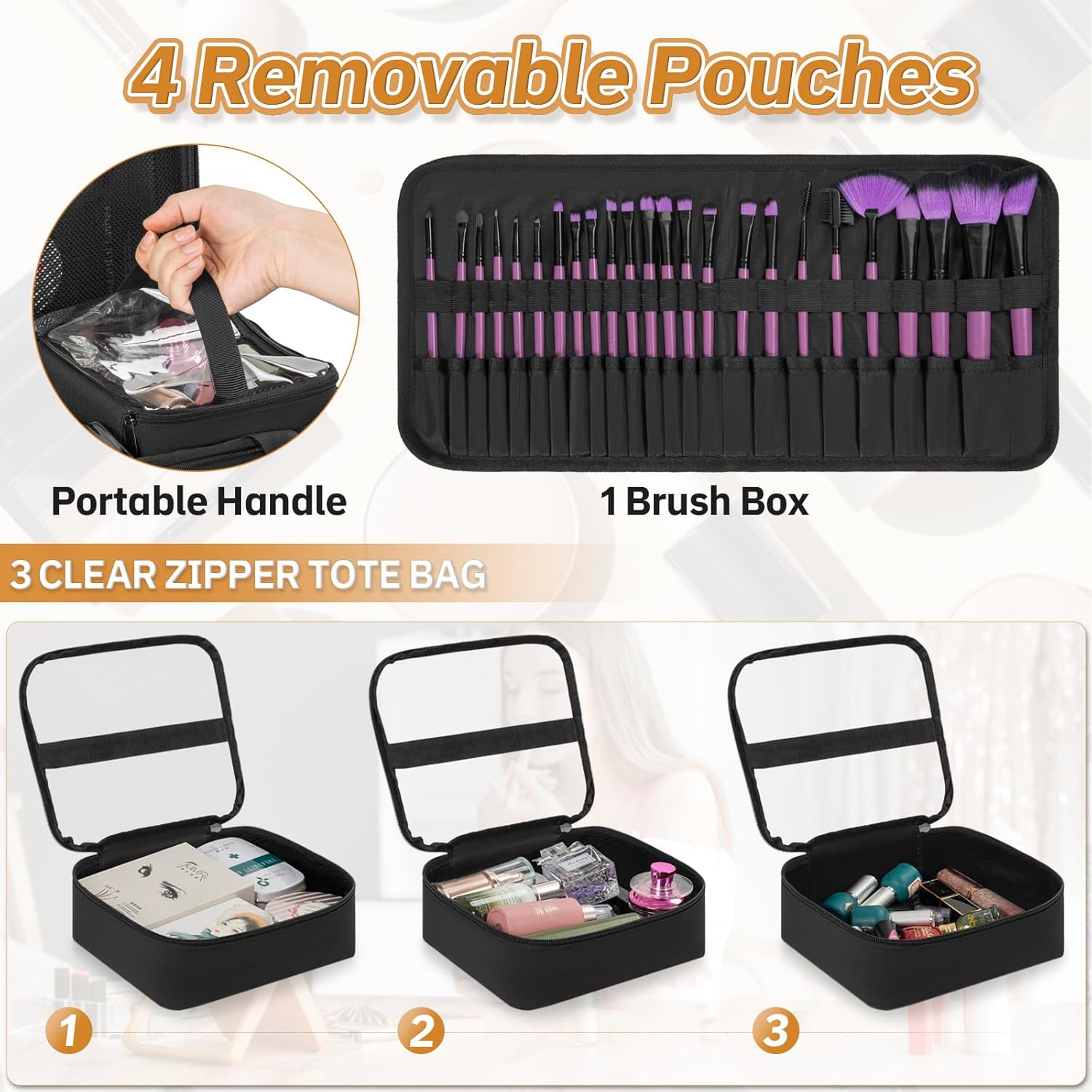 Extra Large Rolling Makeup Case with 4 Removable Pouches,Professional Make up Train Case with Wheels,Travel Cosmetic Bag for Hairstylists Nail Tech Makeup Artist with Detachable Trolley - Image 5
