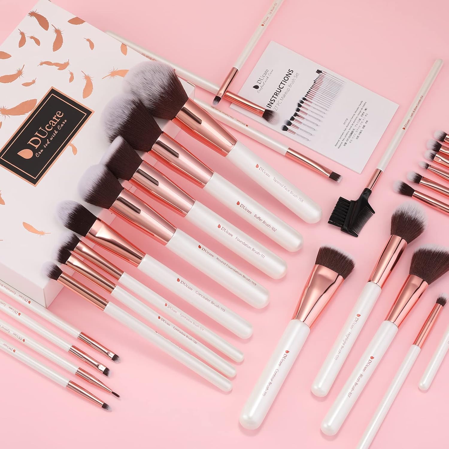 DUcare Makeup Brushes Set Professional 27Pcs Makeup Brushes Premium Synthetic Kabuki Foundation Blending Face Powder Blush Concealers Eye Shadows Make Up Brushes Kit White - Image 5
