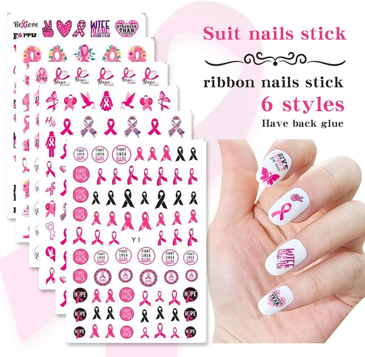 6 Sheets Breast Cancer Nail Art Stickers 3D Self-Adhesive Heart Letter Nail Stickers Pink Ribbon Nail Decals Breast Breast Cancer Nail Design Stickers for Women Girls Acrylic Manicure Salon - Image 6