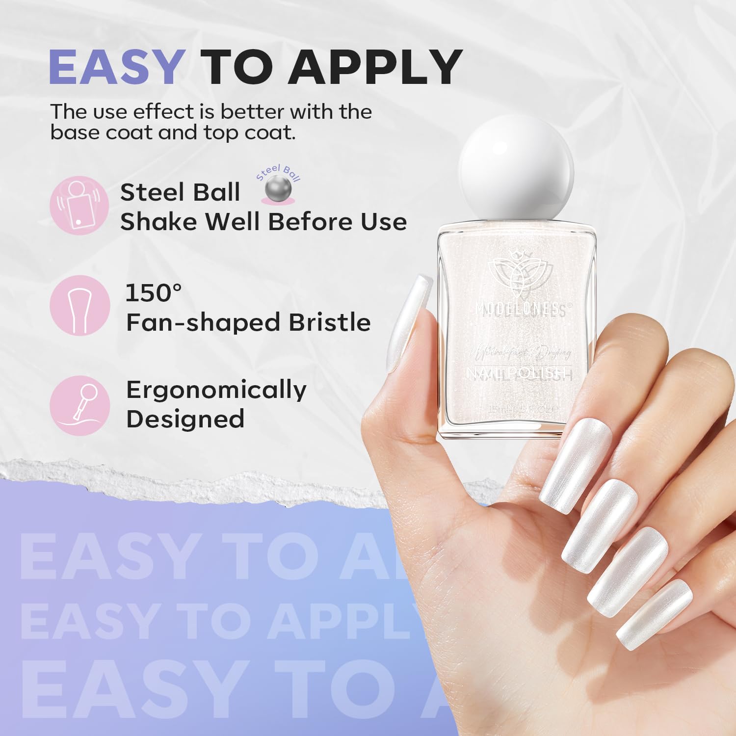 modelones Pearl White Nail Polish, Shimmer Glitter White 15 ml Quick Dry Nail Lacquer Strengthener Long Last Shine Fingernail Toe Nail Art DIY Home Travel Manicure Gift for Women Girls 0.5 Fl Oz - Image 5