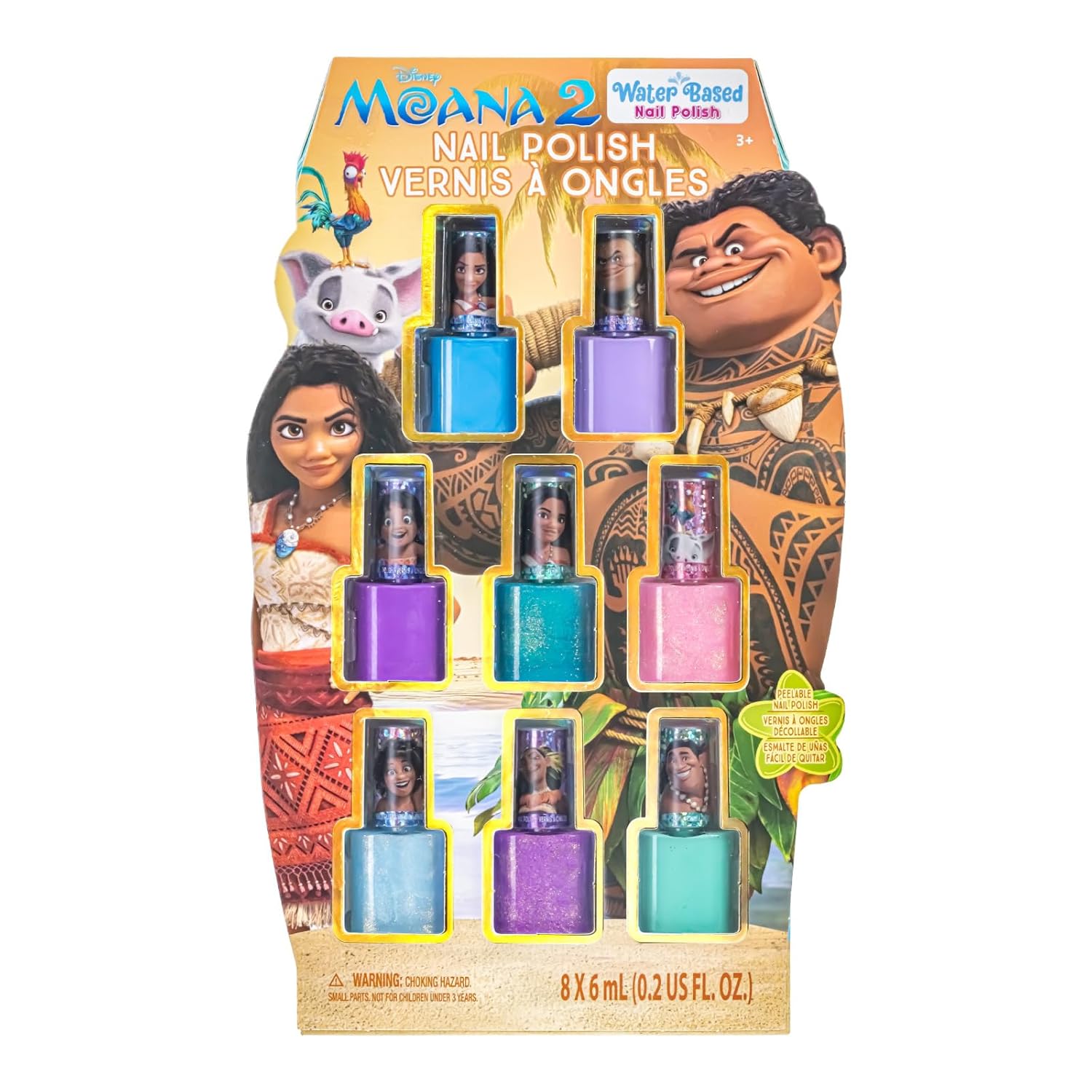Townley Girl Moana 2 Non-Toxic Water-Based Peel Off Nail Polish Set with Glittery Shimmery and Opaque Colors for Girls Kids Ages 3+ Perfect for Parties Sleepovers and Makeovers 8 Pcs