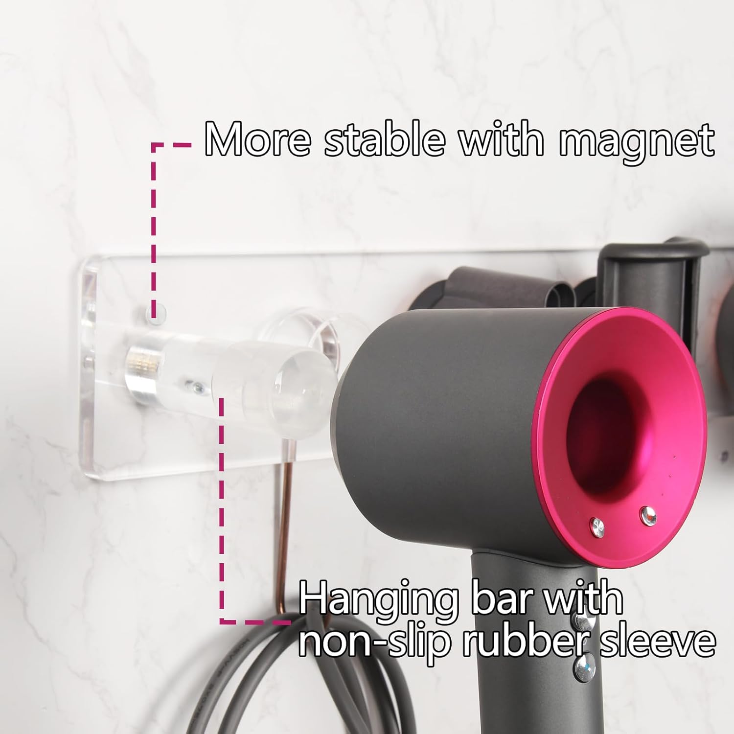 Wall Mount Hair Dryer Holder Compatible with Dyson Supersonic, Hair dryer holder, Acrylic Attachments Organizer with Hooks for Accessories Nozzles, Wide-Tooth Comb, Diffuser (Transparent) - Image 4