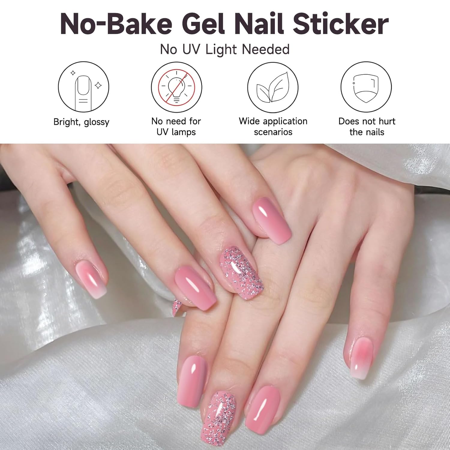 Gel Nail Strips No UV Light Needed, 22Pcs Pink Silver Glitter Gel Nail Stickers for Women, Long Lasting Nails Polish Strips, Easy to Apply & Remove - Image 4