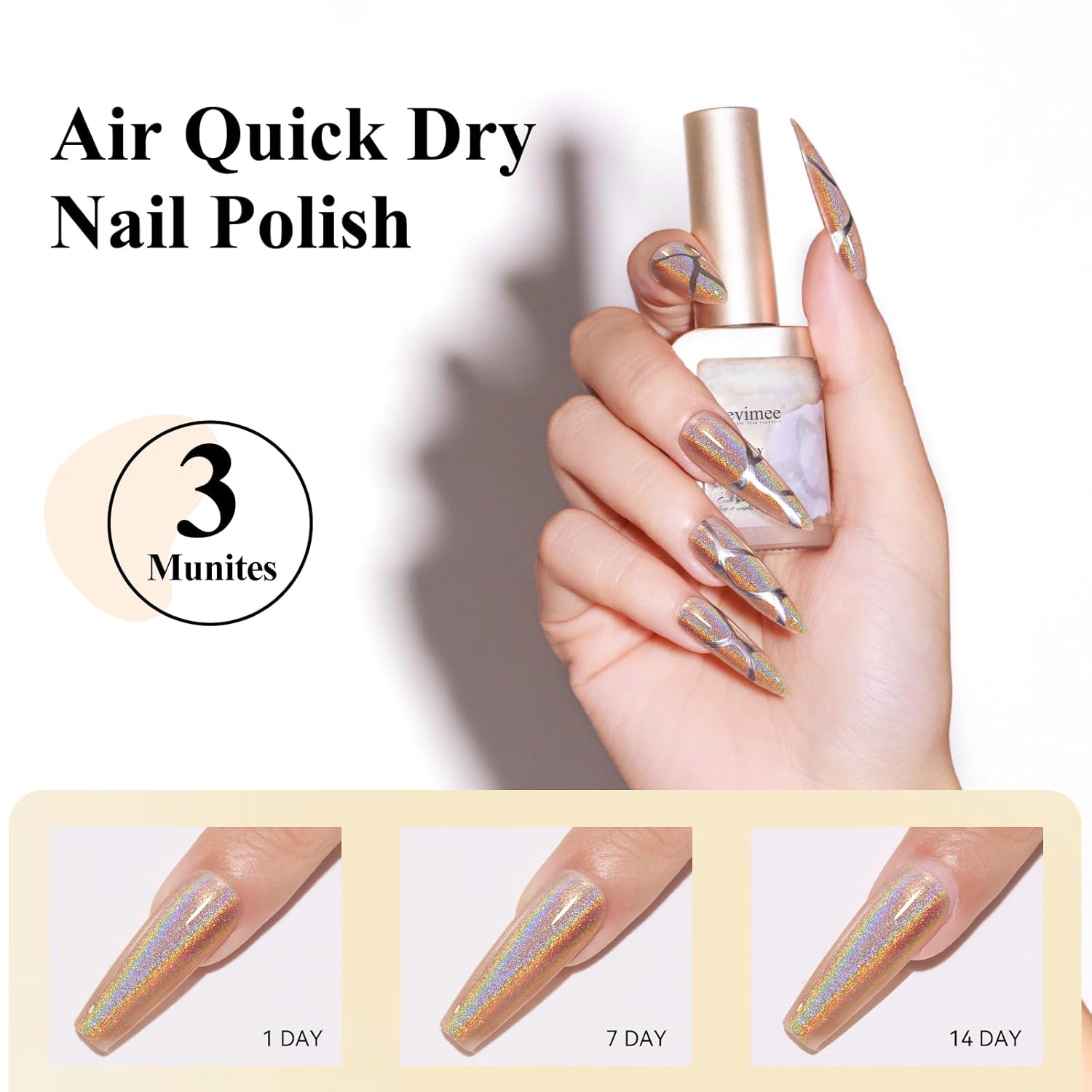 Holographic Nail Polish 12ML Air Dry Fast Iridescent Shimmer Glitter Chameleon Champagne Holo Laser Pearl Nail Art - No Curing Required 1PC - Image 5