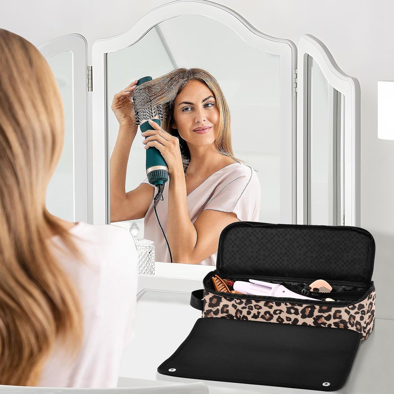 Leopard Print Brown Heat Resistant Travel Bag with Mat for Curling Irons - Image 6