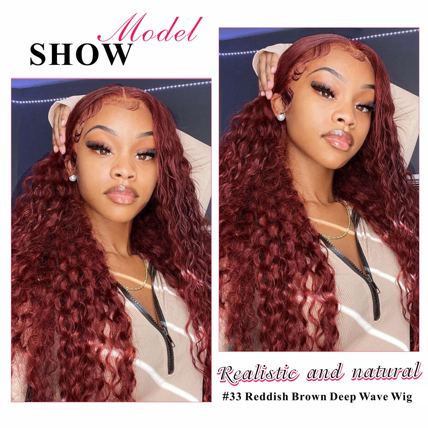 Reddish Brown Deep Wave Lace Front Wigs Human Hair 33b Color 13x4 HD Transparent Lace Frontal Wig for Women 180% Density Copper Red Glueless Curly Wig Pre Plucked 26 Inch - Image 5