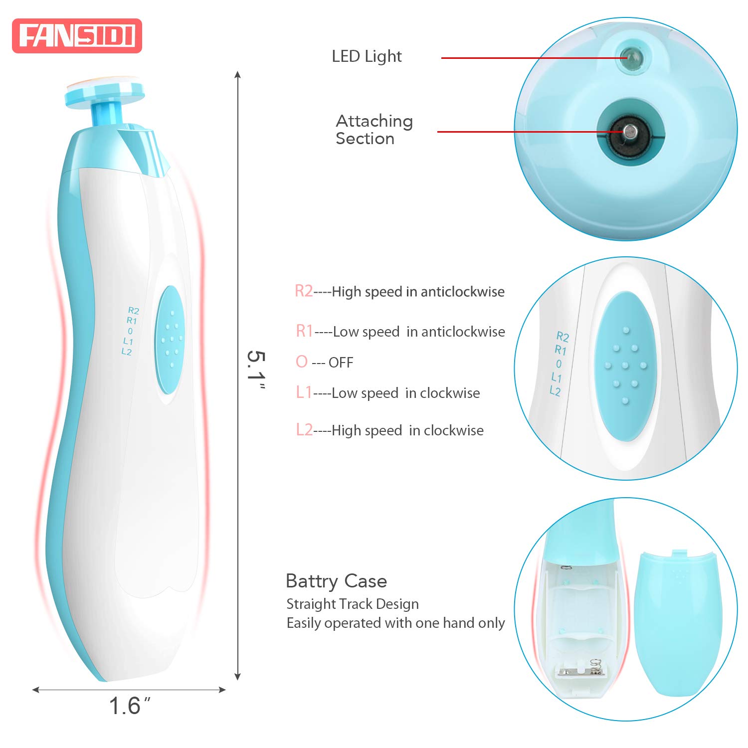 Baby Nail Clippers, FANSIDI Safe Baby Nail Trimmer Baby Nail File Electric with 10 Filing Pads 8 Sandpapers for Newborn Infant Toddler or Adult Toes Fingernails Care - AA Battery Operated (White/Blue) - Image 3