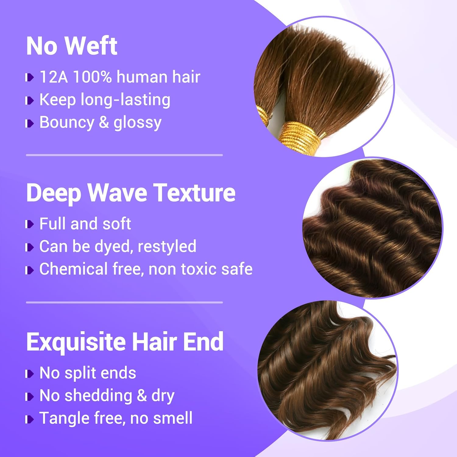 Human Braiding Hair for Boho Braids 110g 20 Inch Color 4 Deep Wave Boho Bulk Human Hair for Braiding Knotless 12A Wet and Wavy Bohemian 3 No Weft Bundles/Pack Curly Braids Brown - Image 2