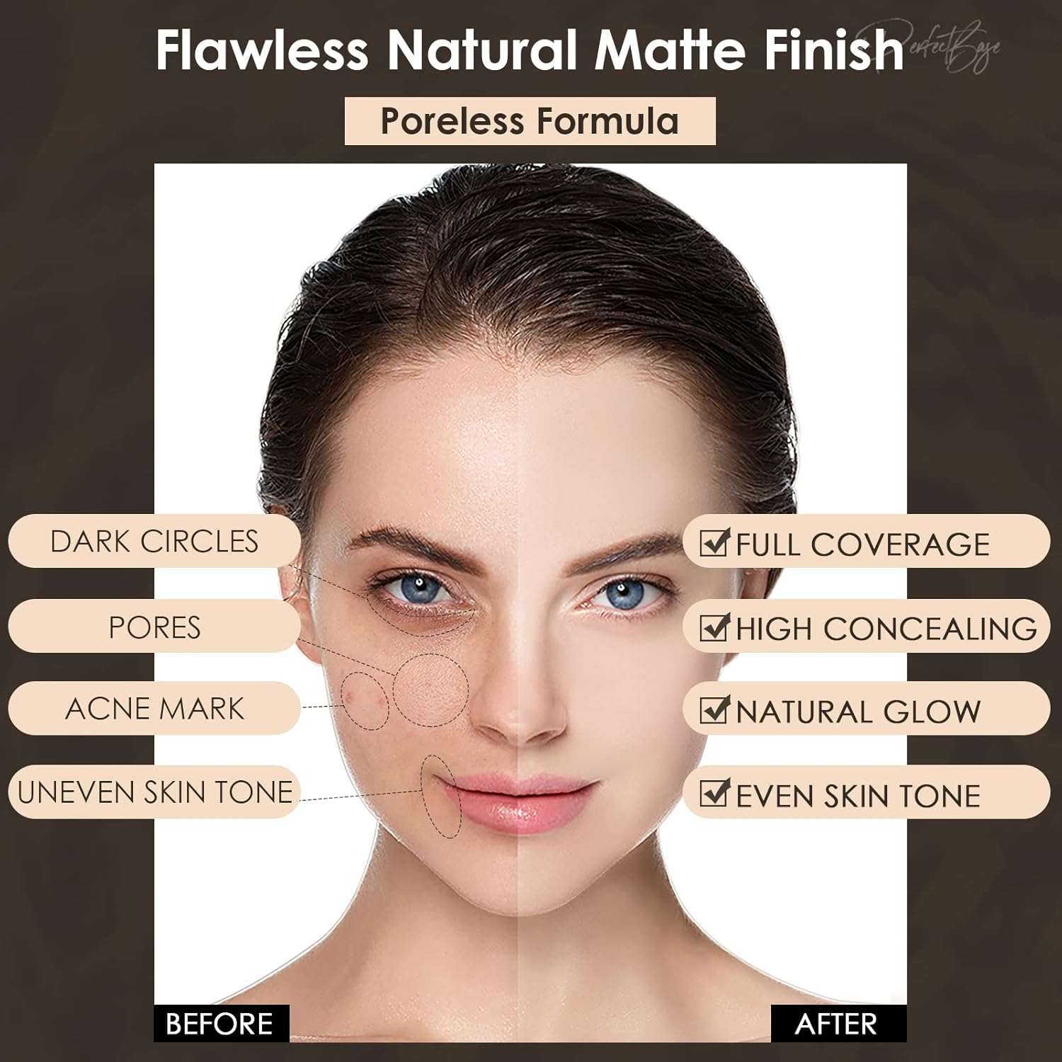 FOCALLURE PerfectBase Lasting Poreless Liquid Foundation, Medium to Full Coverage with Matte Finish, Covers Blemishes & Under-Eye Circles for All Skin Types, WP12 Dune - Image 4