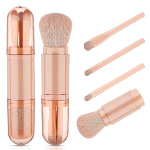 4 In 1 Travel Makeup Brushes Set Mini Cute Makeup Brush Retractable Professional Foundation Brush Make Up Holder Tool Portable Cosmetics Accessories for Powder Eye Shadow Facial Contour