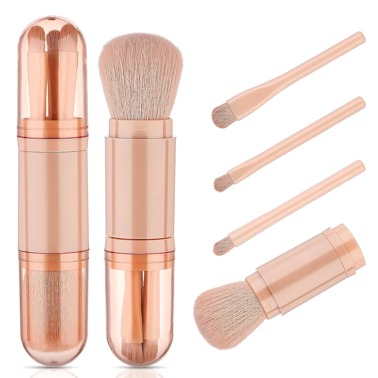 4 In 1 Travel Makeup Brushes Set Mini Cute Makeup Brush Retractable Professional Foundation Brush Make Up Holder Tool Portable Cosmetics Accessories for Powder Eye Shadow Facial Contour
