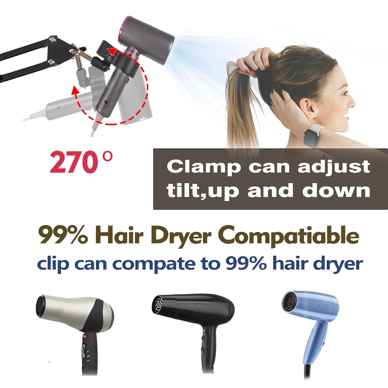 Blow Dryer Stand Hands Free 360 Rotate Hands Free Hair Dryer Holder,Adjustable Hair Dryer Stand Hands Free, Hands Free Blow Dryer Holder Stands Free Clip Suitable for 99% - Image 5