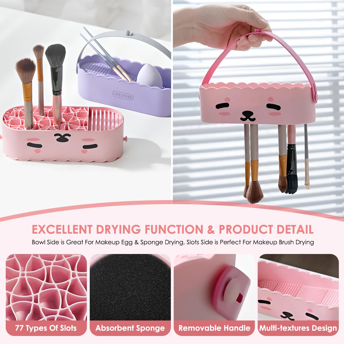3 in 1 Silicone Makeup Brush Cleaner Bowl with Brush Drying Holder, Makeup Brush Cleaner and Organizer Holder, Make up Brush Cleaner Mat for Makeup Brush, Sponge, Powder Puff(Simple White) - Image 4