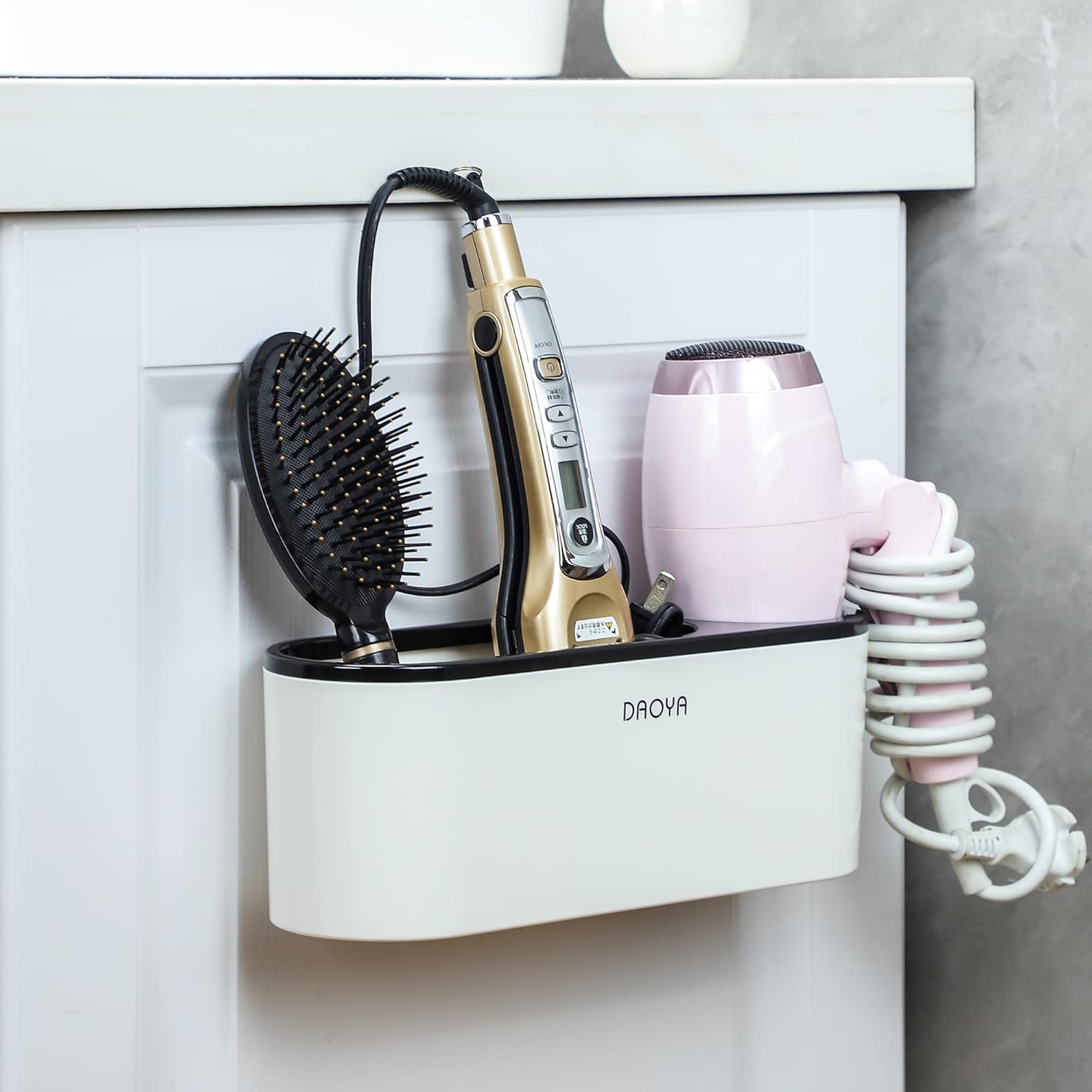 Hair Dryer Holder - White Tool Organizer Blow Cabinet Door, Bathroom Curling Iron for Straightener Styling Tools Storage - Image 4