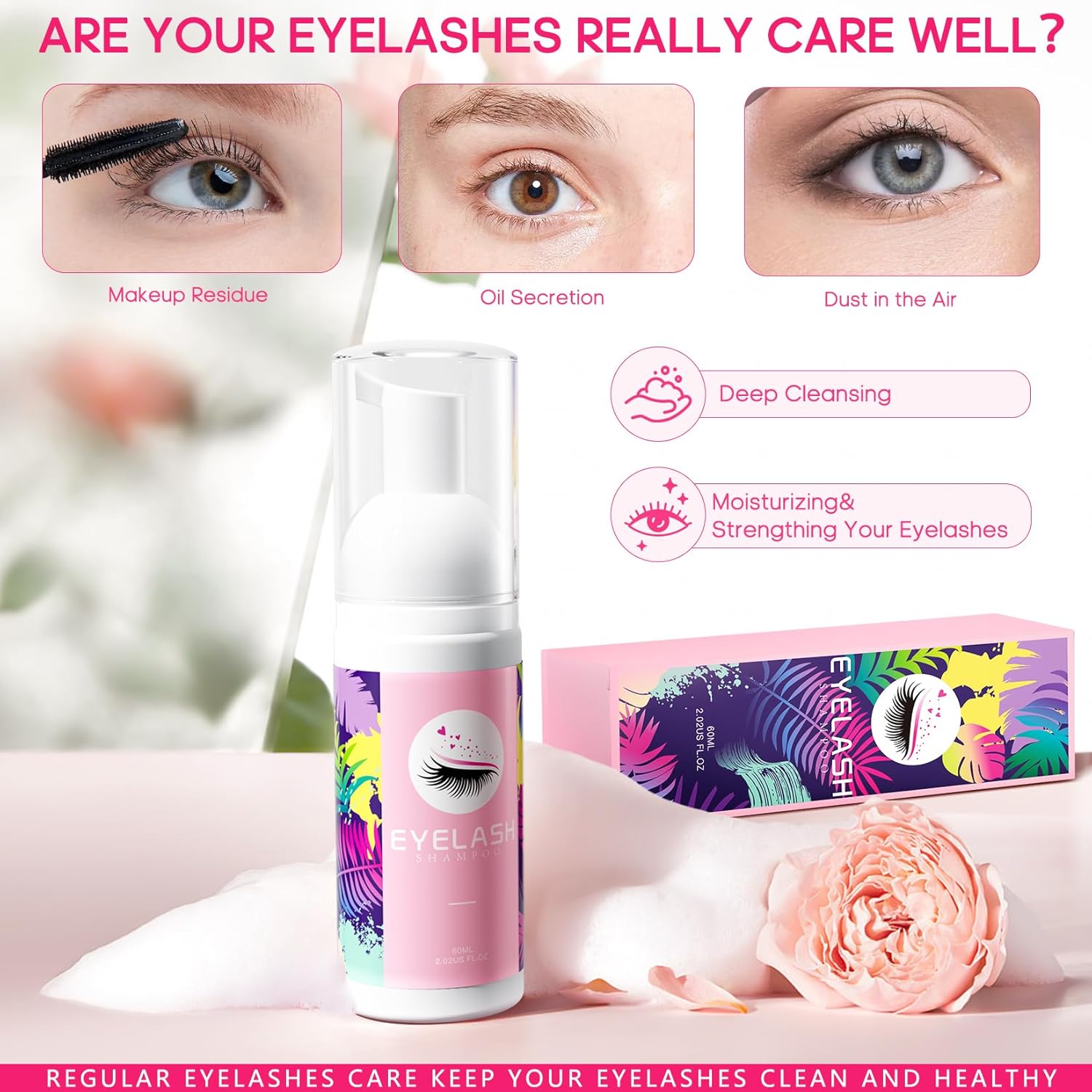 Buqikma Lash Cleaning Kit - Lash Shampoo Kit Eyelash Extension Cleanser for Extensions 60ML with Rechargeable Handheld Lash Fan Dryer Mascara Brush Rinse Bottle Makeup Cleansing Foam for Lash Care - Image 3