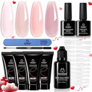 Beetles Poly Extension Gel Nail Kit, 4 Colors Milky White Nude Pink Neutral Poly Nail Gel Builder Hybrid Jelly Gel with Base&Top Coat Set DIY Nail Art Gift for Women