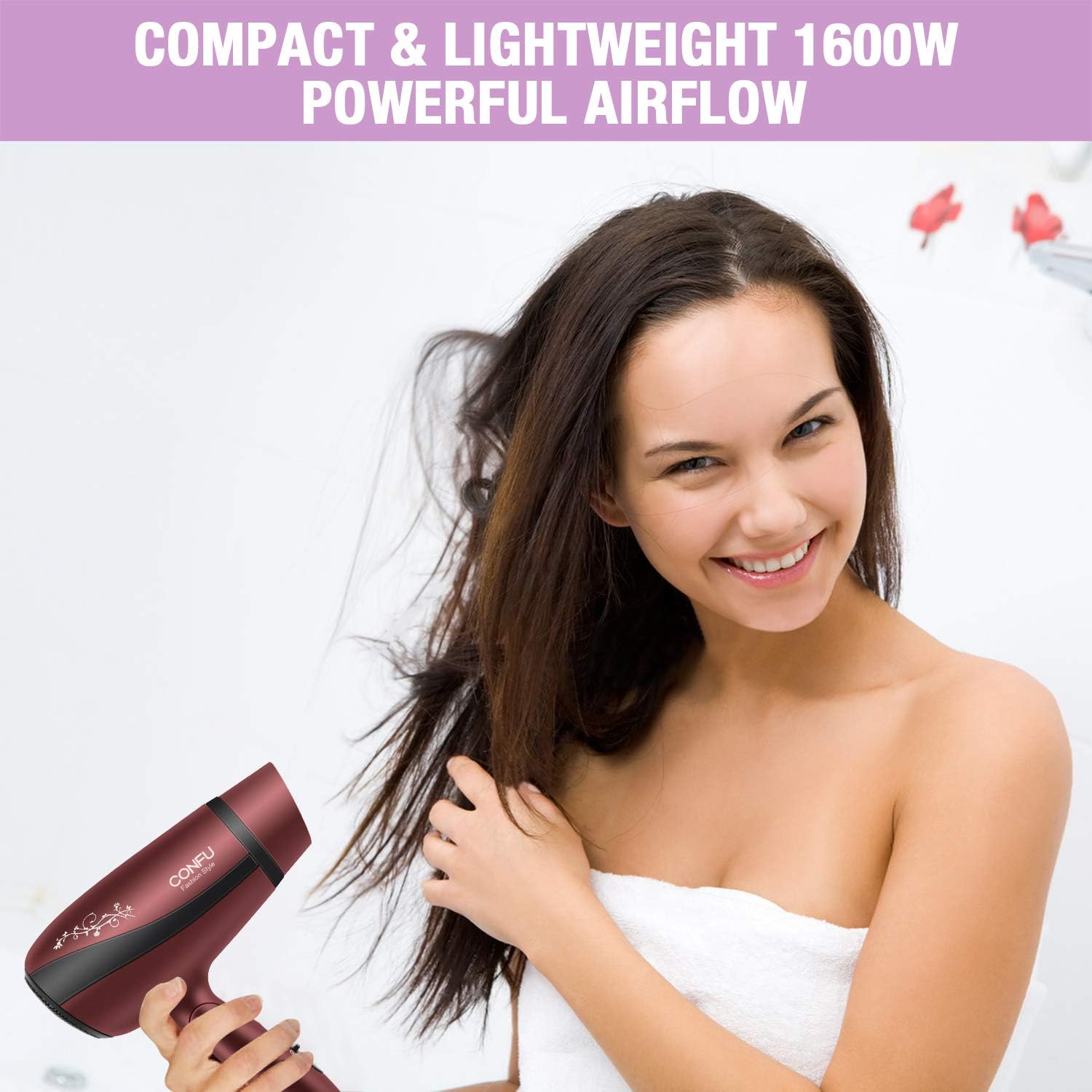 CONFU 1600W Portable Travel Blow Dryer, Ceramic Tourmaline Ionic, Compact Folding Lightweight for Women - Image 5
