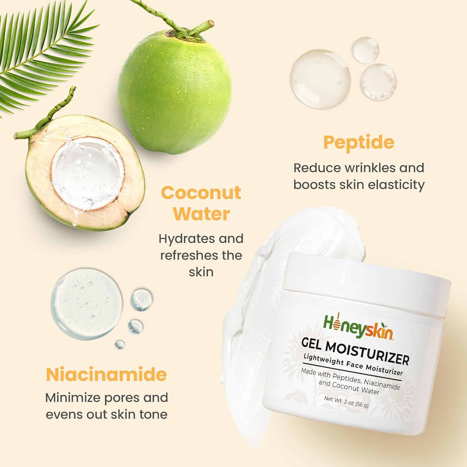 Honeyskin Gel Moisturizer for face – Lightweight Water Gel Infused with Coconut water with Niacinamide & Peptides for Deep Hydration – Hypoallergenic Face Moisturizer for Women 2oz - Image 2