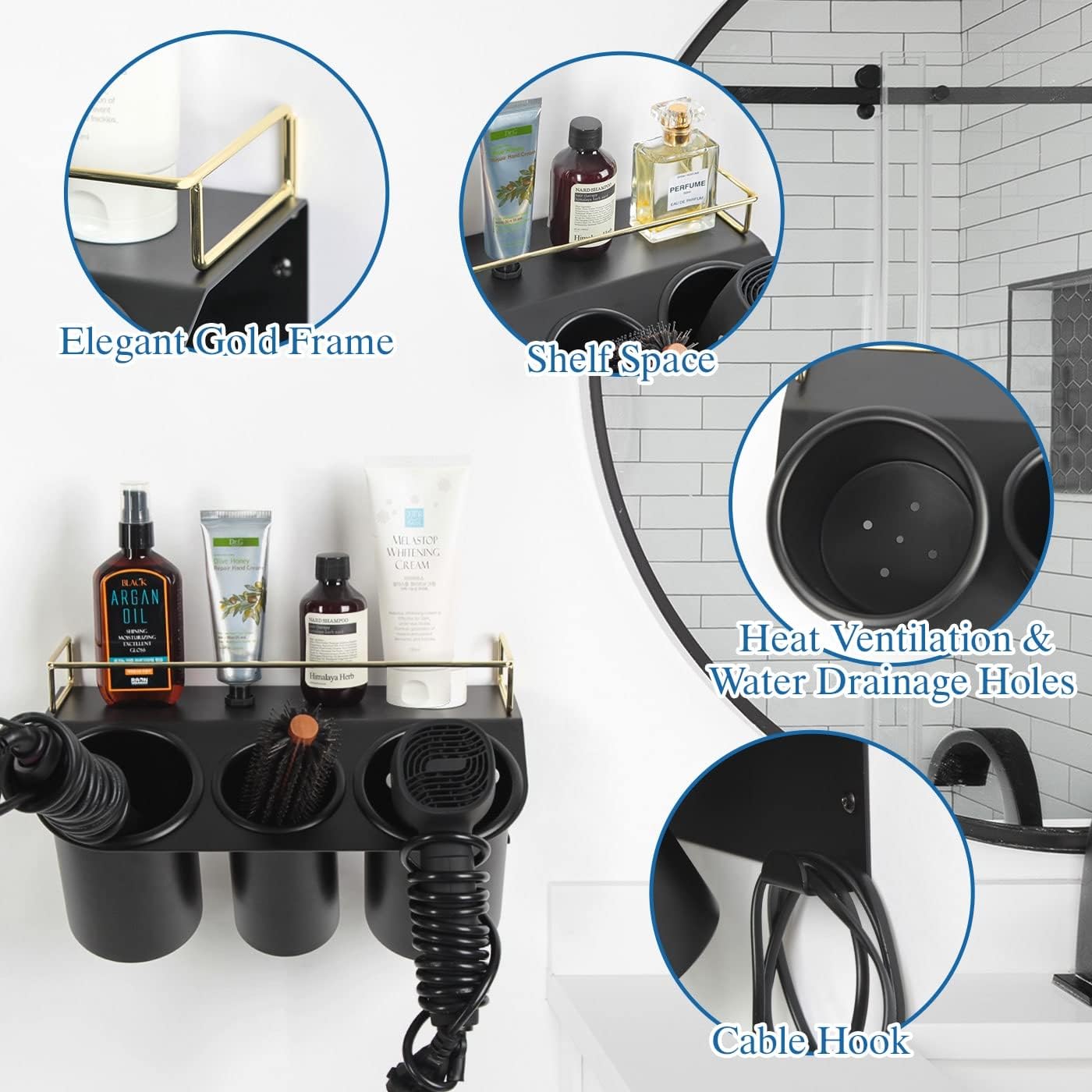 J JACKCUBE DESIGN Hair Dryer Holder Wall Mount Bathroom Vanity Hair Styling Care Tool Accessories 3 Cups Storage Organizer Caddy with Shelf Steel Black Gold- MK1002A (Black) - Image 5