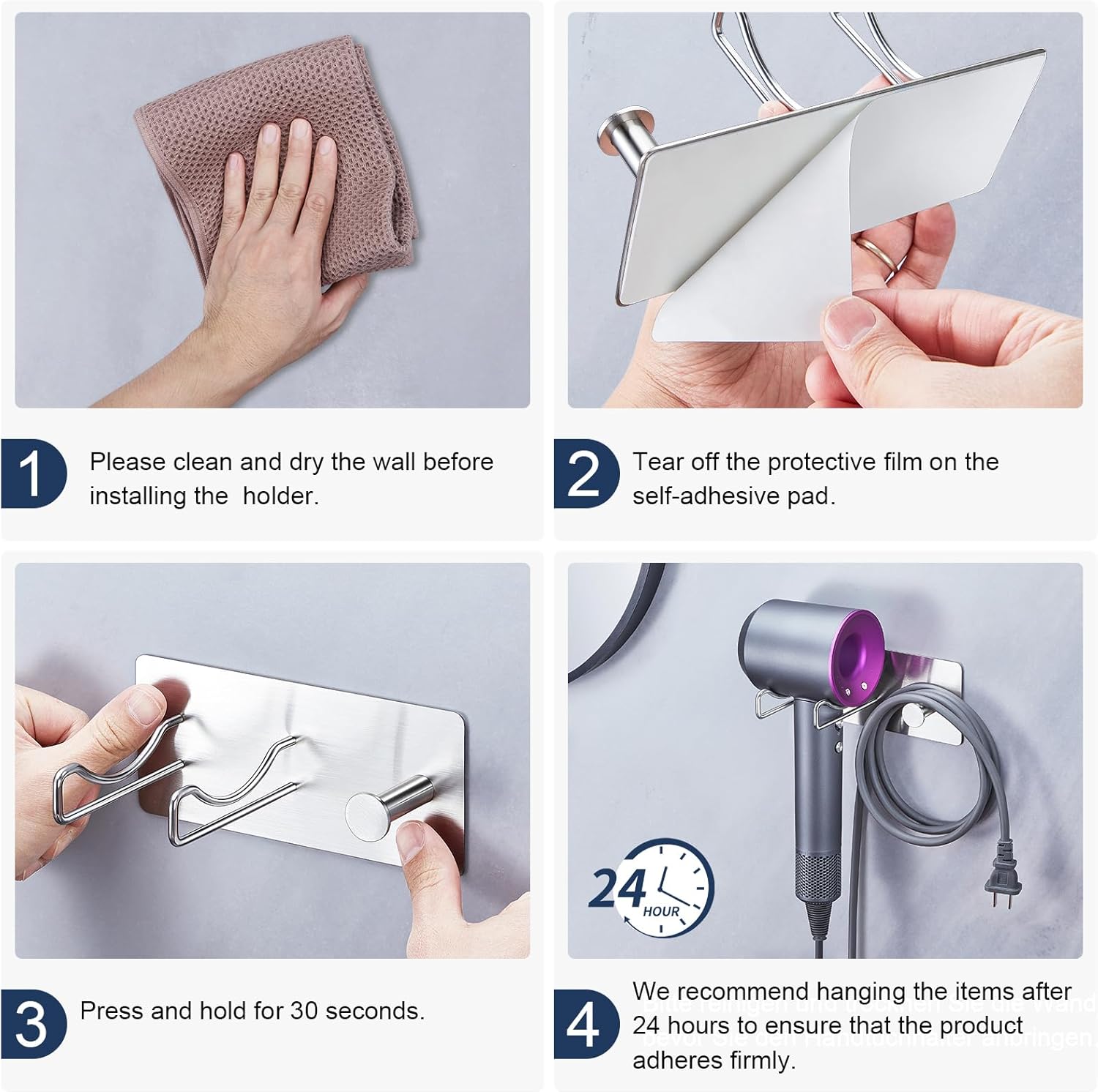 Hair Dryer Holder Wall Mounted Adhesive Blow Dryer Holder,SUS 304 Stainless Steel Hairdryer Holder Hanger Storage, Hair-dryer Rack Stick on Vanity Cabinet for Bathroom ,Hair Tool Organizer with Hook - Image 8