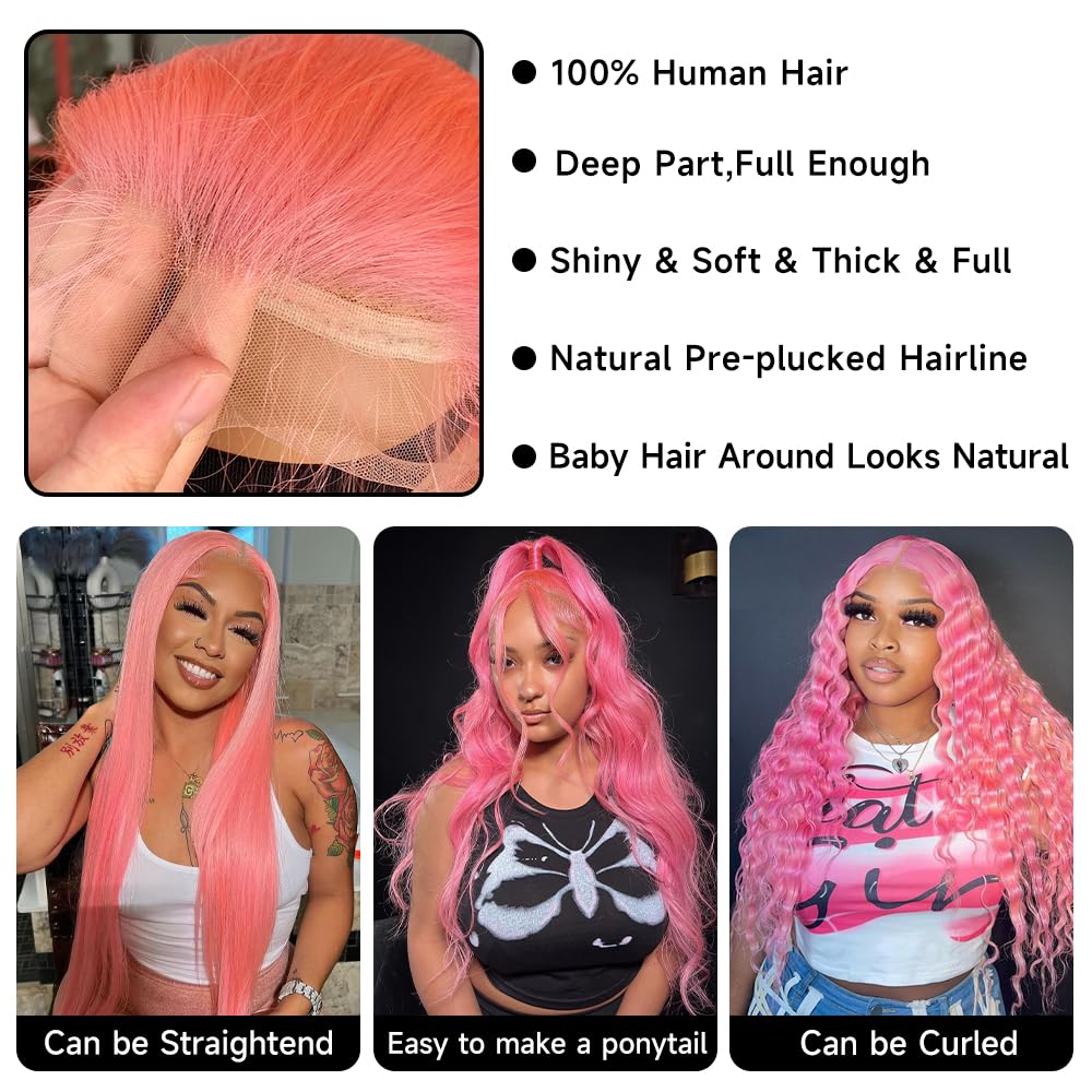 Pink Lace Front Wig Human Hair 13x4 Pink Wig Body Wave Lace Front Wigs Human Hair Pre Plucked Colored 12A 200 Density HD Lace Frontal Wig Human Hair With Baby Hair 22 Inch - Image 3