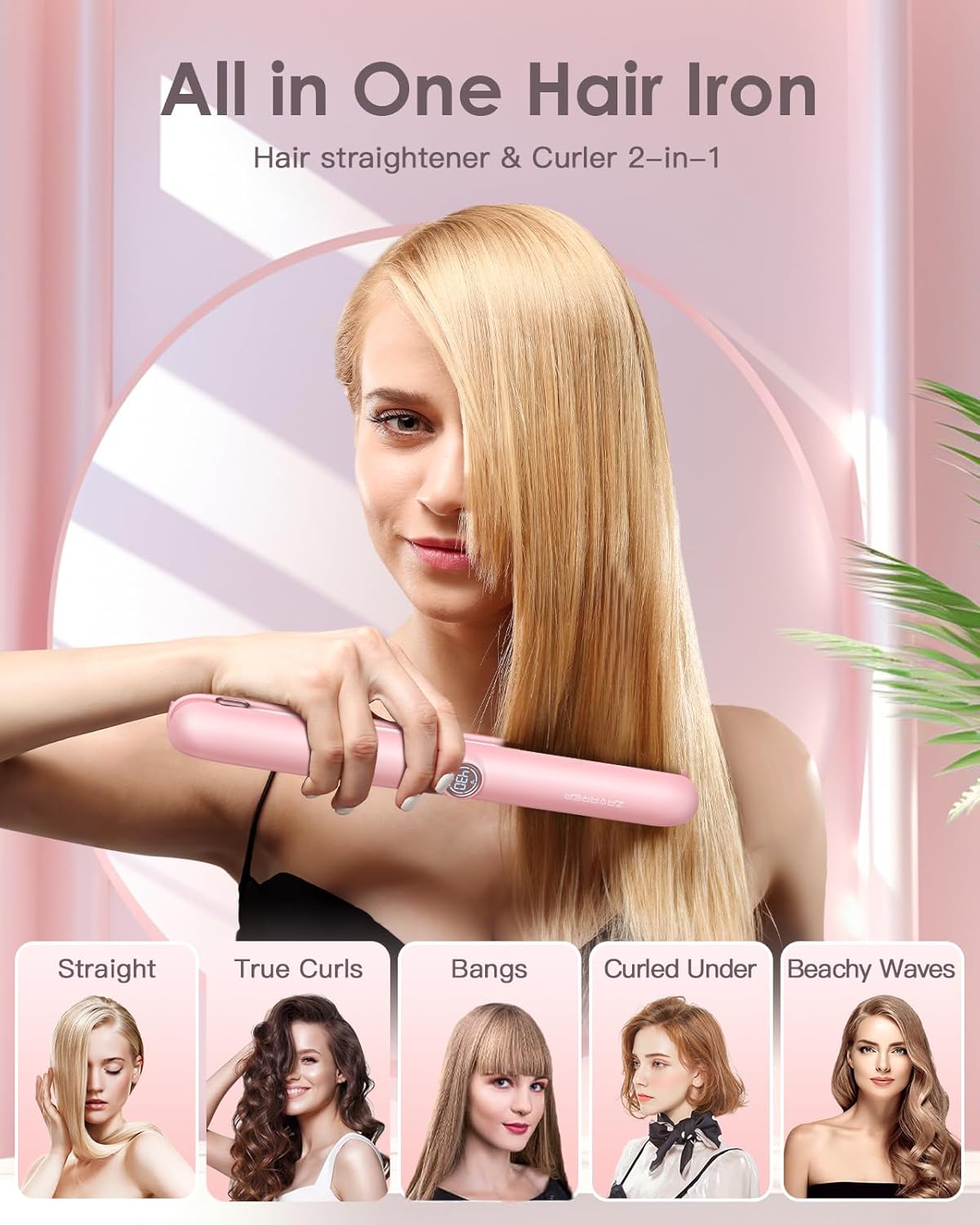 Cordless Hair Straightener and Curler,ZAVAREA Portable Hair Straightener for Travel,Ceramic Cordless Flat Iron for Women,Wireless Straightener 2 in 1,with 9000mAh Battery,5 Temps,USB Rechargeable - Image 7