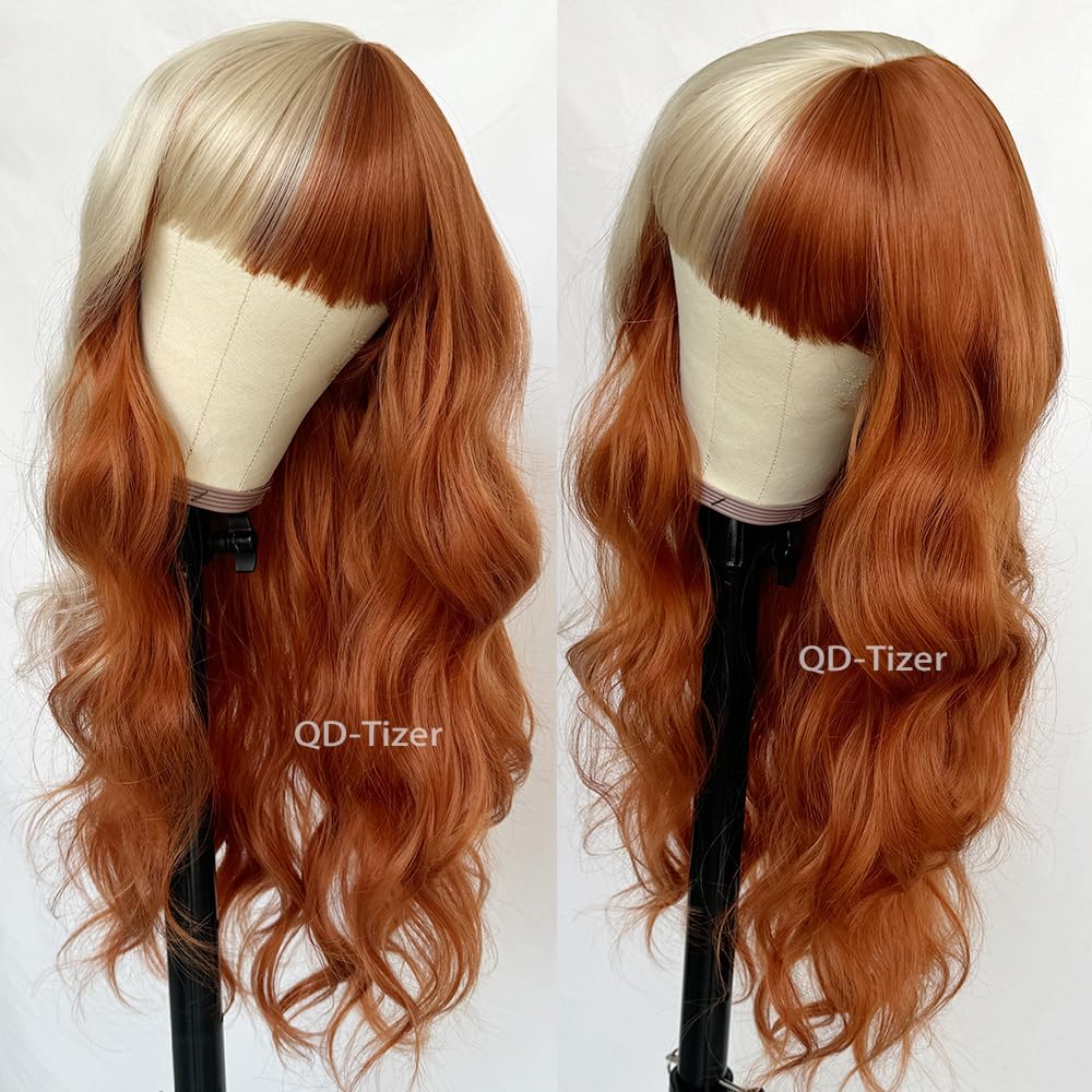 QD-Tizer Blonde and Copper Split Synthetic Hair Wig with Bangs Two Tone Hair Color Copper hair blonde highlights Long Wavy Curly Synthetic Wigs for Women Cosplay Party Wig Halloween Wigs - Image 2