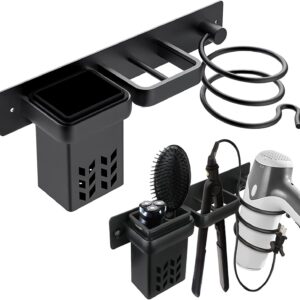 Hair Dryer Holder Wall Mounted, Blow Dryer Rack Holder, Bathroom Bedroom Hair Styling Beauty Care Tools Organizer Storage Basket for Flat Iron, Curling Wand, Hair Straightener (Black)