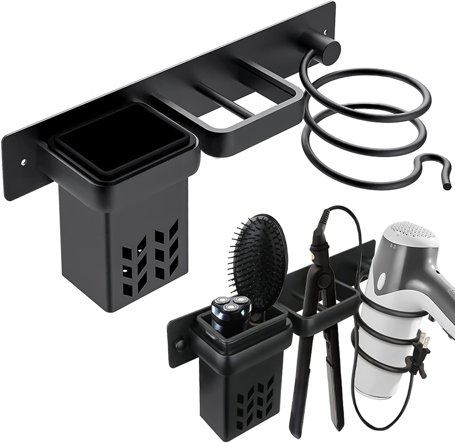 Hair Dryer Holder Wall Mounted, Blow Dryer Rack Holder, Bathroom Bedroom Hair Styling Beauty Care Tools Organizer Storage Basket for Flat Iron, Curling Wand, Hair Straightener (Black)