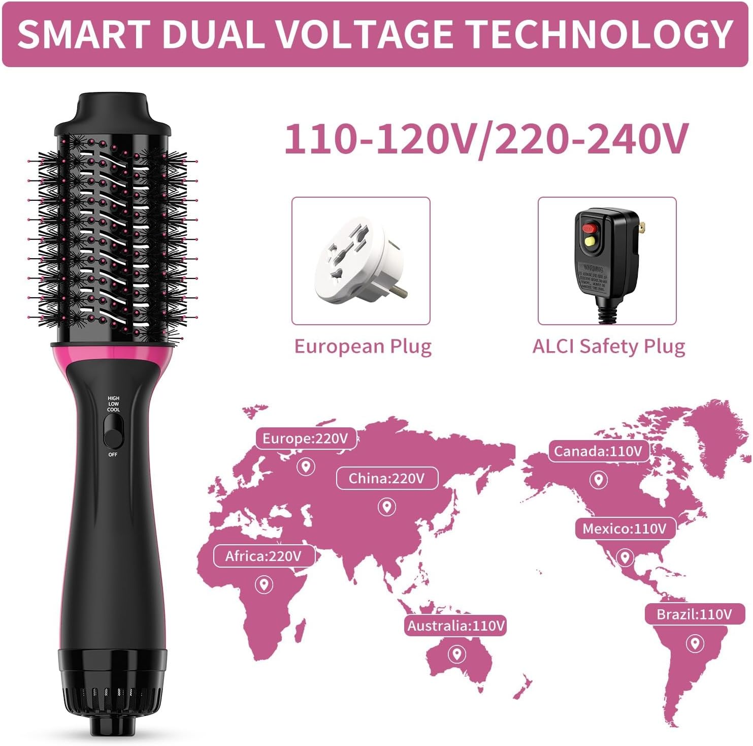 Dual Voltage Hair Dryer Brush for European Travel, 120V - 240V One Step Hair Dryer and Styler Volumizer, Professional Blow Dryer Brush with Negative Ion Anti-frizz for Drying, Straightening, Salon - Image 2