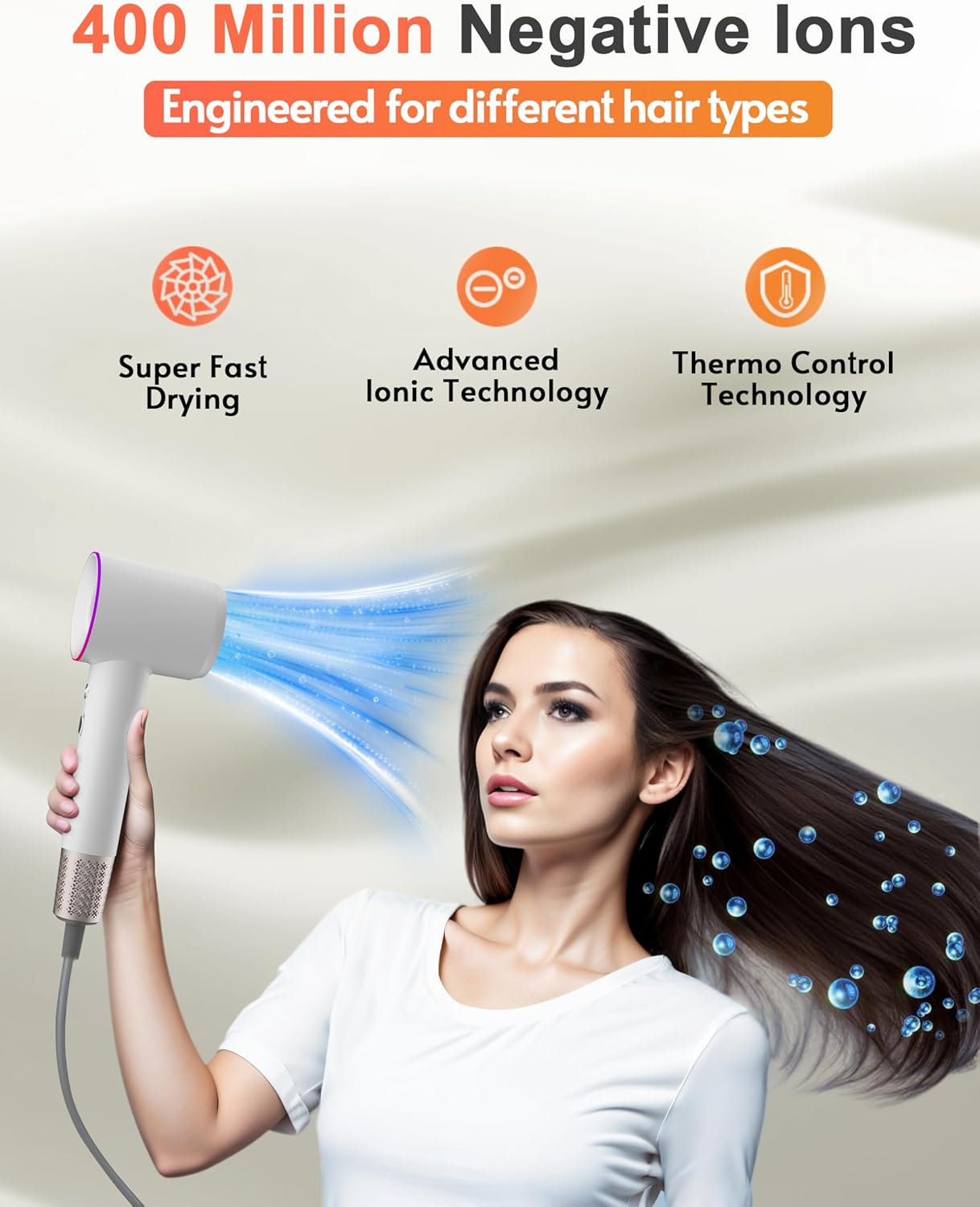 Professional Ionic Hair Dryer, 1800W High Speed Blow Dryer for Home Salon, Real 200 Million Negative Ions, 120,000 RPM Brushless Motor for All Hair Types-1 (White) - Image 6