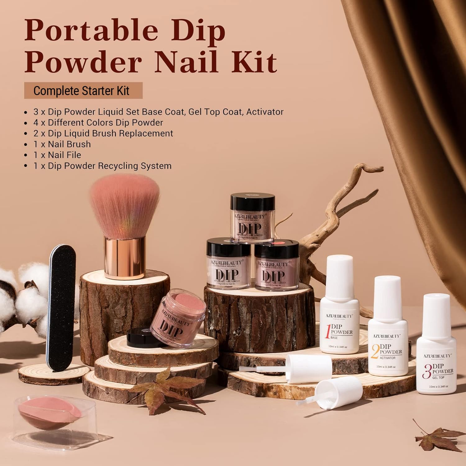 AZUREBEAUTY Dip Powder Nail Kit Starter, 4 Colors Skin Nude Brown Glitter, Acrylic Dipping Powder Liquid Set with Base/Top Coat Activator for Daily French Nail Art Manicure DIY Gift 12 Pcs - Image 6