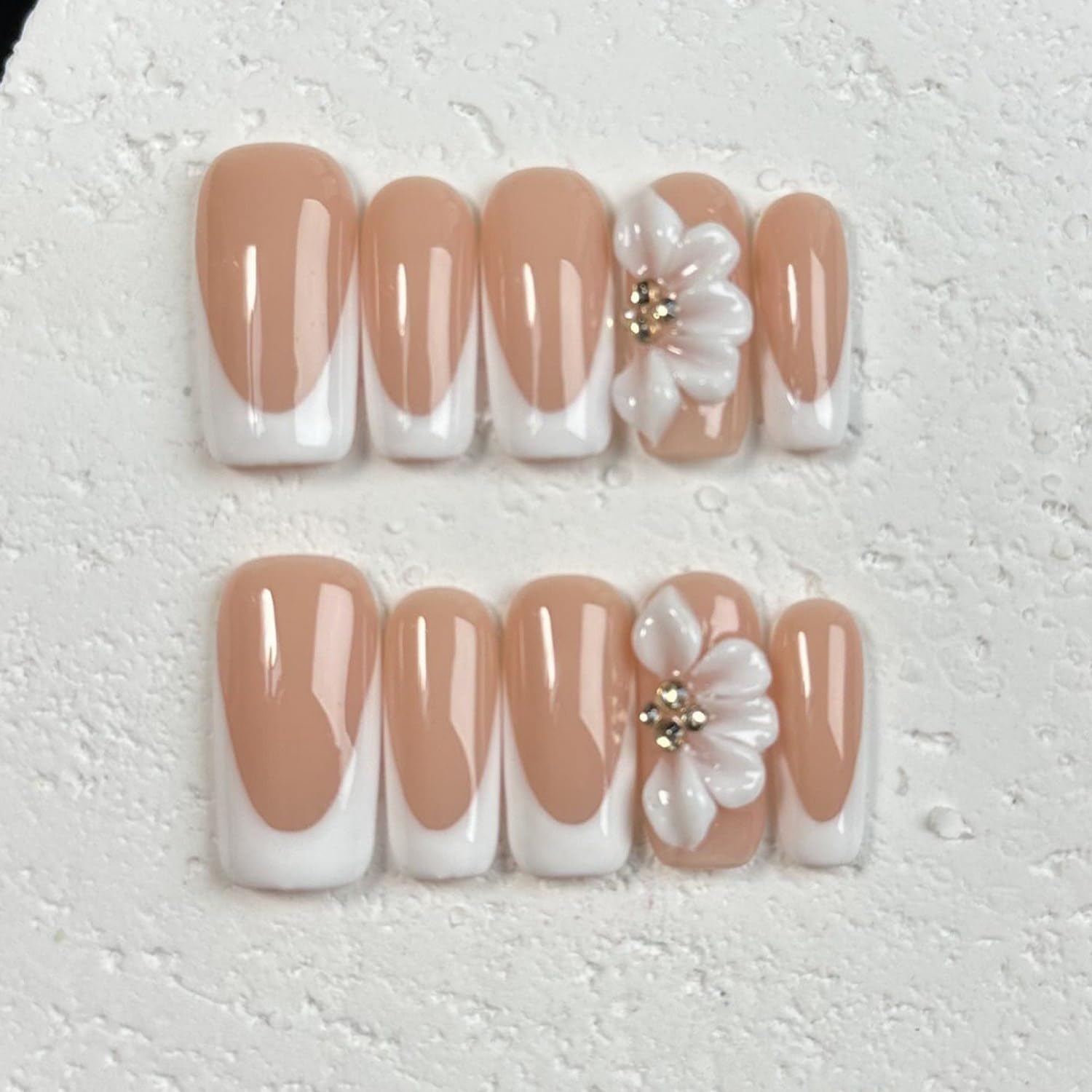 White French Tip Handmade Press on Nails Medium Square Fake Nails Muti-Layer Gel False Nails with 3D Flower Rhinestones Designs Thick Acrylic Nails Full Cover Stick on Nail for Women Nail DIY (Size M) - Image 2