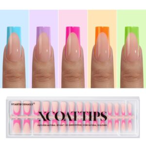 BTArtboxnails XCOATTIPS Press on Nails - French Tip Nails Long Sqaure, Brighter Pastel Soft Gel Nail Tips False Nail, Soak Off Acrylic Fake Nails Art Home DIY