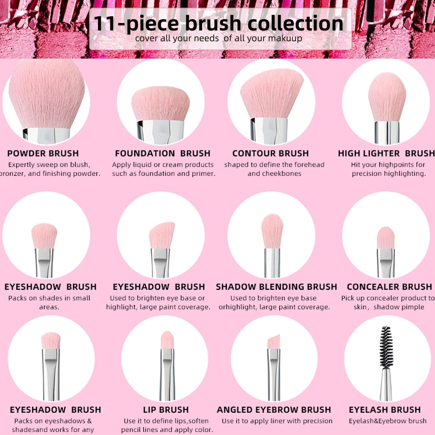 Professional Makeup Brush Set Luxury 11pcs Silver Glitter Crystal Make Up Brush Kit Vegan Soft Synthetic Hair Foundation Eyeshadow Eyebrow Lip Cosmetic Brush Set With Gift Box For Girl - Image 4