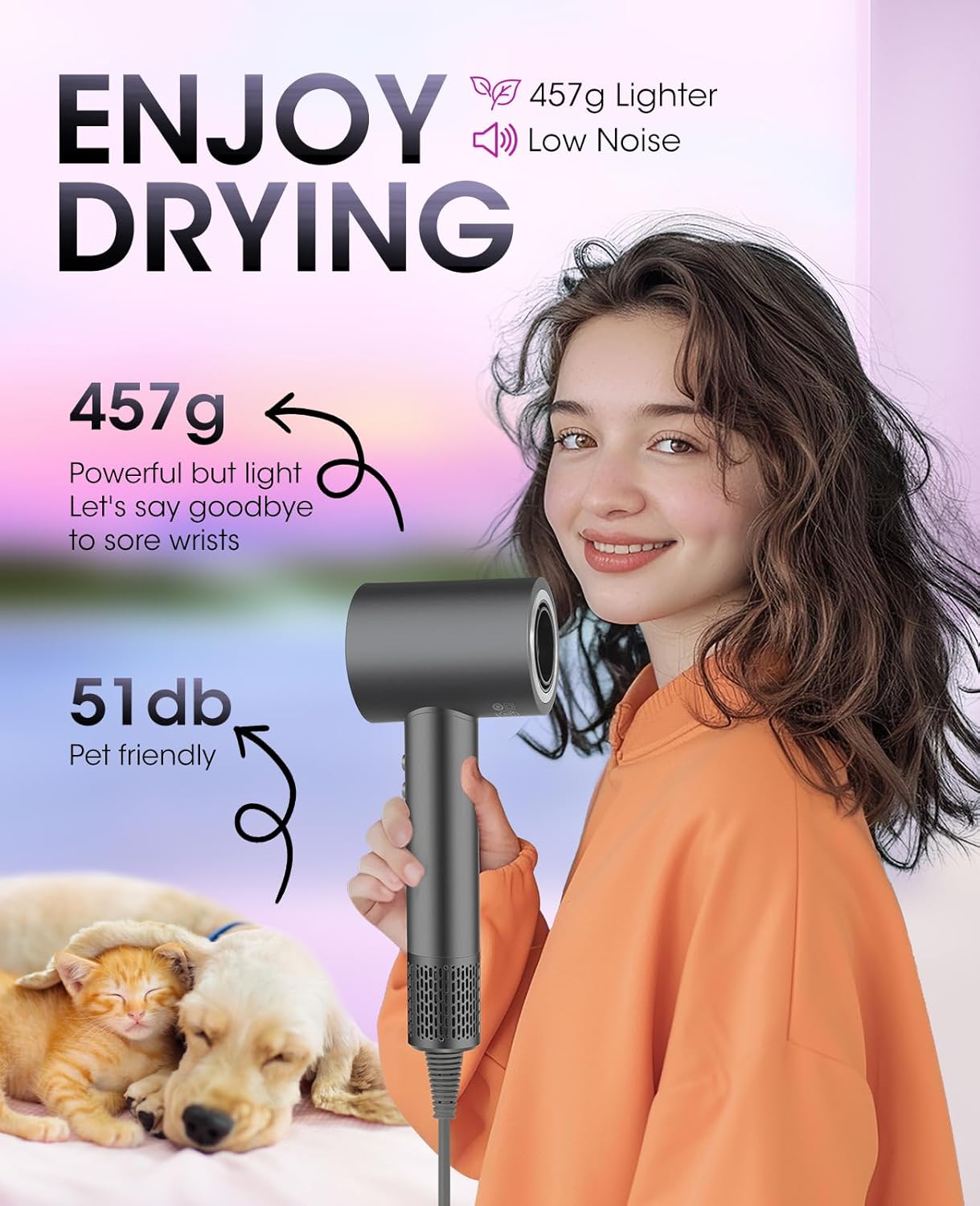Professional Ionic Hair Dryer - 110,000RPM High-Speed,Lightweight,1500W Powerful Blow Dryer with Cool Shot Button,Dual Voltage,Concentrator Nozzle & Smart Temperature Control for Fast Drying - Image 3