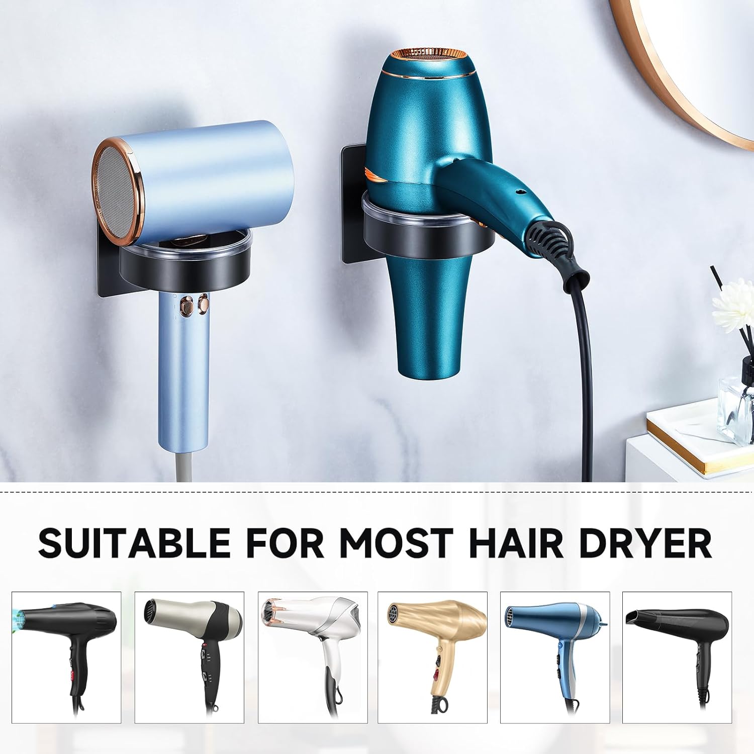 Hair Dryer Holder, Black Blow Dryer Holder Wall Mounted, Hairdryer Holder for Bathroom, Adhesive Hair Tool Organizer for Hair Dryer Storage Organizer, Stainless Steel Hair Dryer Hanger - Image 4
