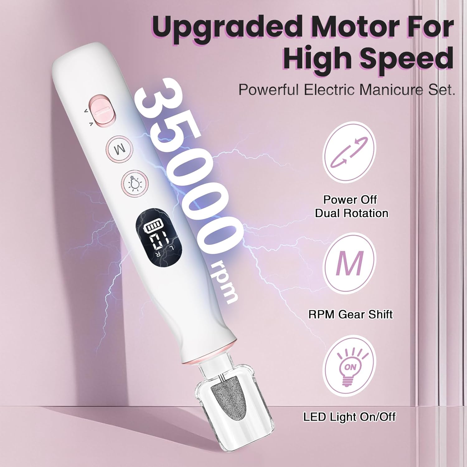 Electric Nail Drill, Cordless 2000 mAh Rechargeable Portable Nail File 12 in 1 Kit for Thick Toenails, 10 Speeds Nail Dril Machine Professional Manicure Pedicure for Hand Natural Nails Care (White) - Image 4