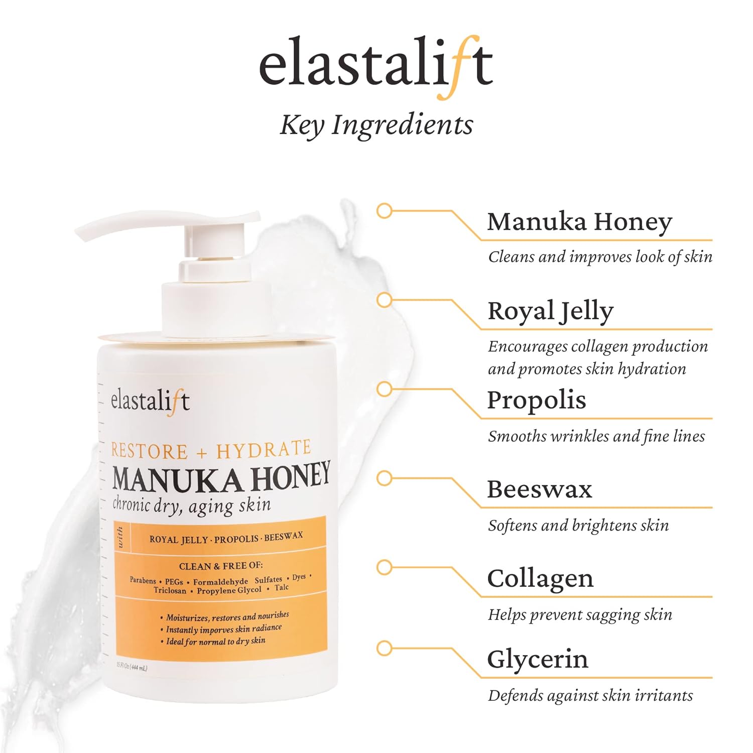 Elastalift Manuka Honey Cream Face Moisturizer & Body Butter Lotion For Dry Skin | Firming & Hydrating Miracle Balm Skin Care Moisturizing Lotion For Women, Wrinkles, & Sun Damaged Skin, 15 Fl Oz - Image 2