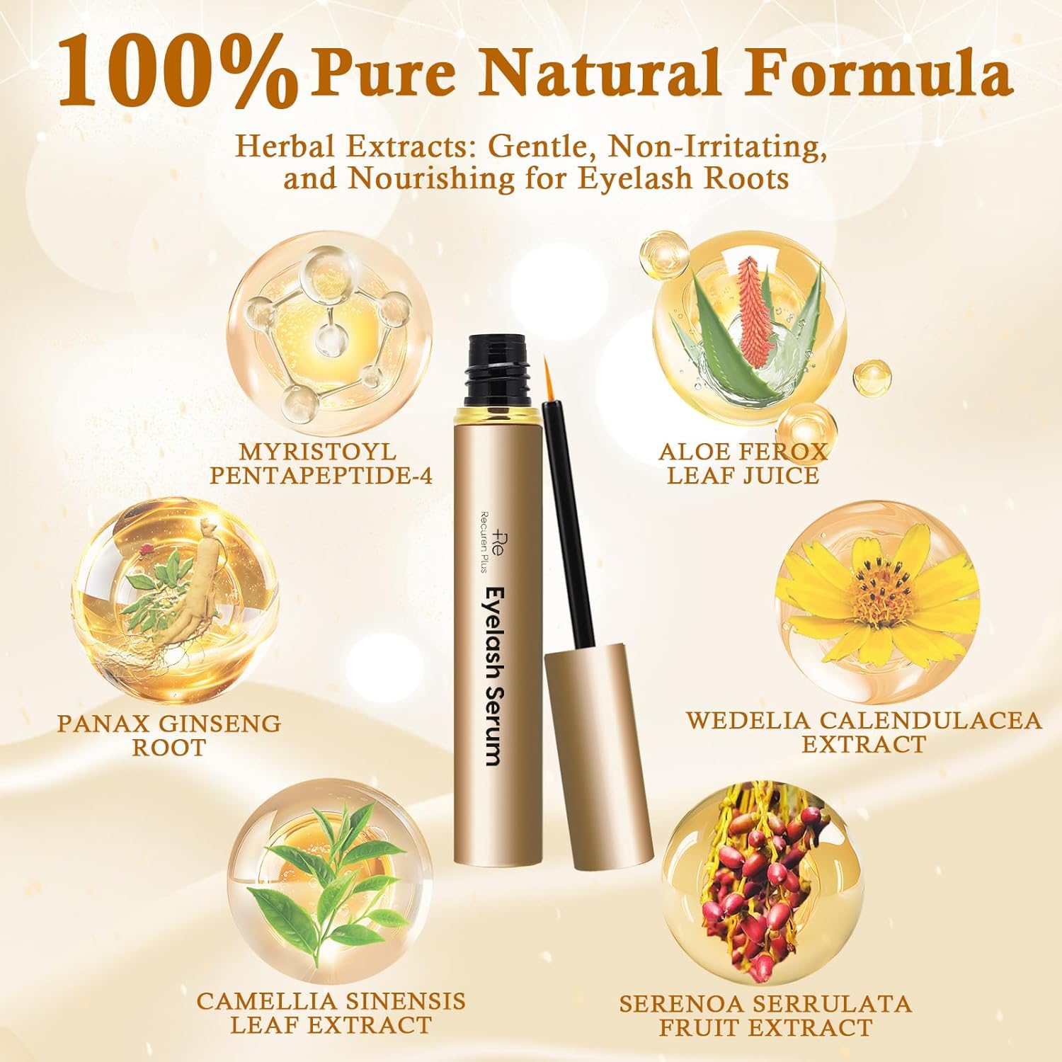 Premium Eyelash Growth Serum: Advanced Vegan Formula for Longer Thicker Lashes (Champagne Gold) - Image 2