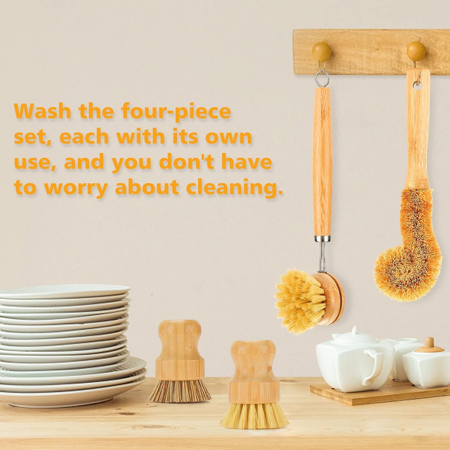 Bamboo Dish Brushes Sets 4 Tools in One Kitchen Clean Dish Scrubber for Pots Pans Bottles with Natural Bristles (Bamboo Brushes Sets) - Image 5