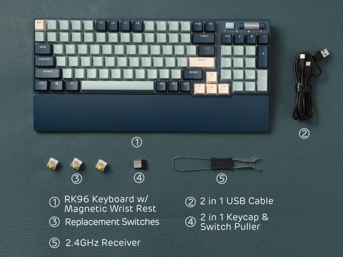 RK ROYAL KLUDGE RK96 RGB Limited Ed, 90% 96 Keys Wireless Triple Mode BT5.0/2.4G/USB-C Hot Swappable Mechanical Keyboard w/Wrist Rest, Software Support & Massive Battery, RK Yellow Switch - Image 8
